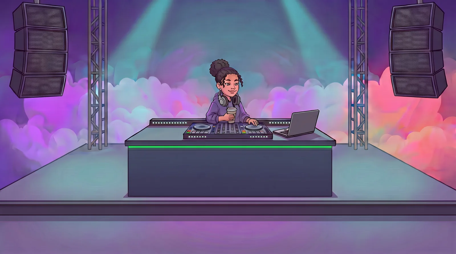Illustration: Dana DJ at her booth on the stage of the empty club, coffee in hand, her laptop turned towards her.