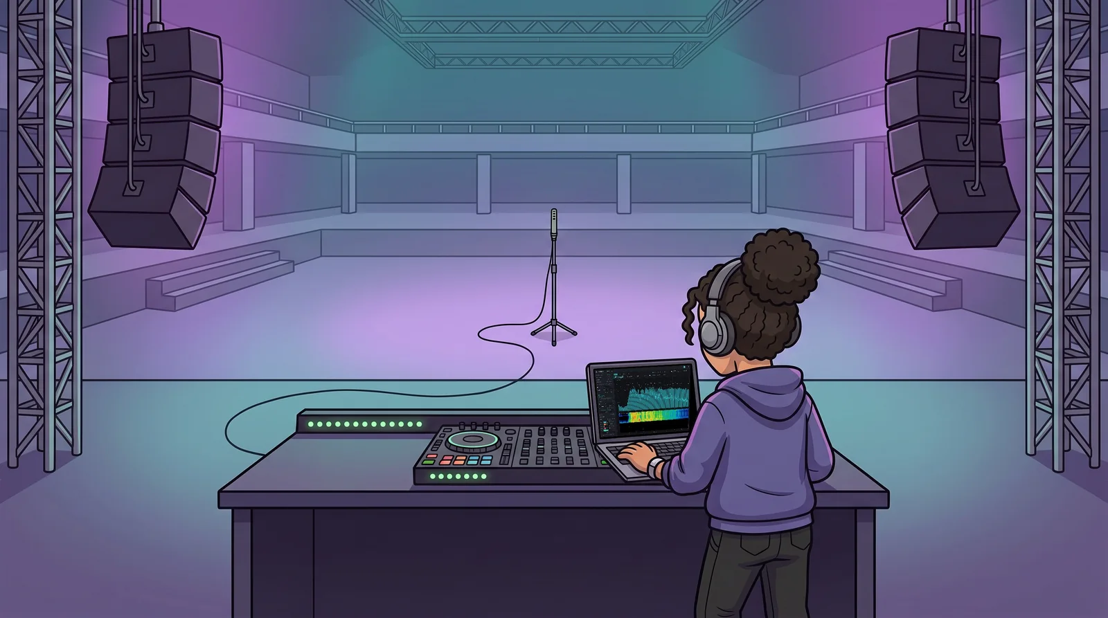 Illustration: Dana DJ at her booth before the doors open, AcoustiTrack on the laptop, a microphone on a stand on the empty floor.