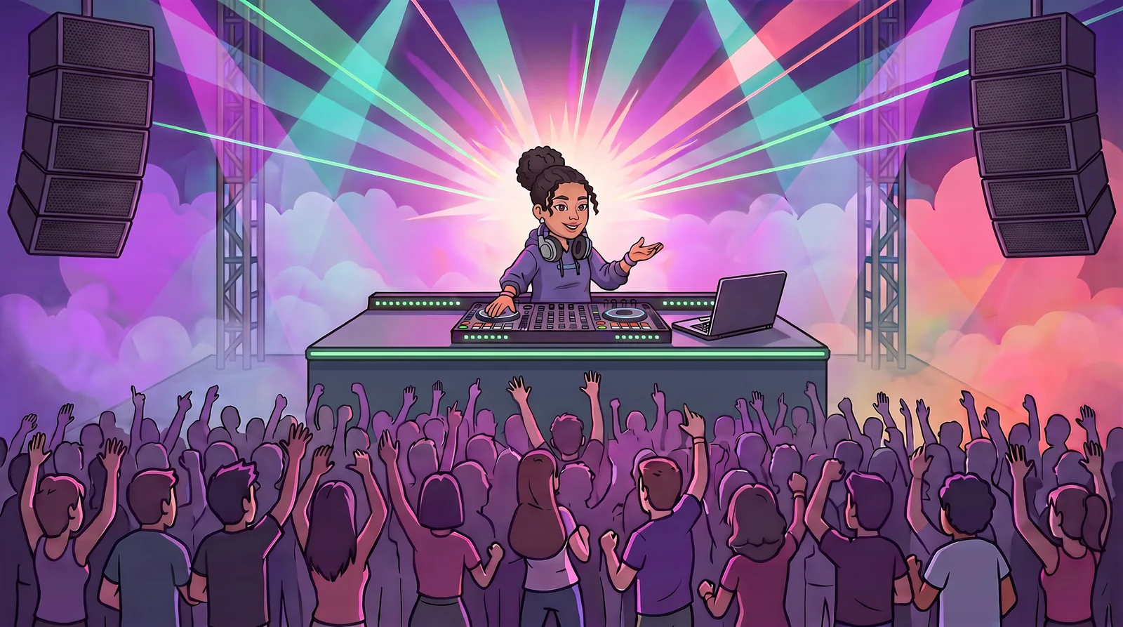 Illustration: Dana DJ at her decks on the stage, a packed dance floor in front of her, speakers hanging beside the stage.