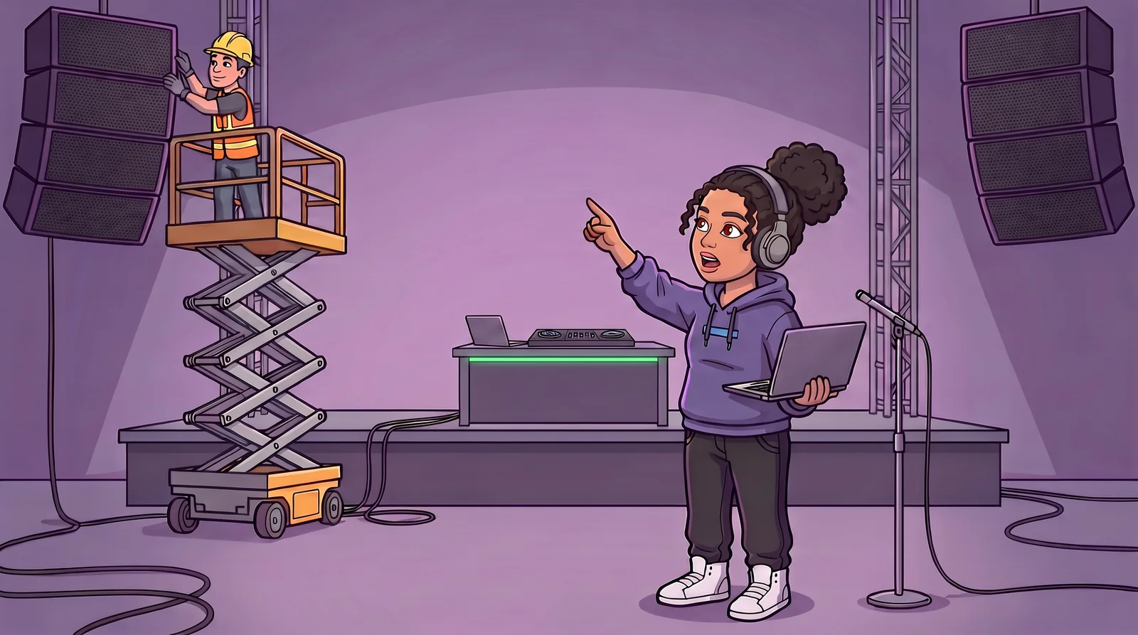 Illustration: Dana DJ on the empty dance floor pointing up at a hanging speaker while a rigger on a lift adjusts it.