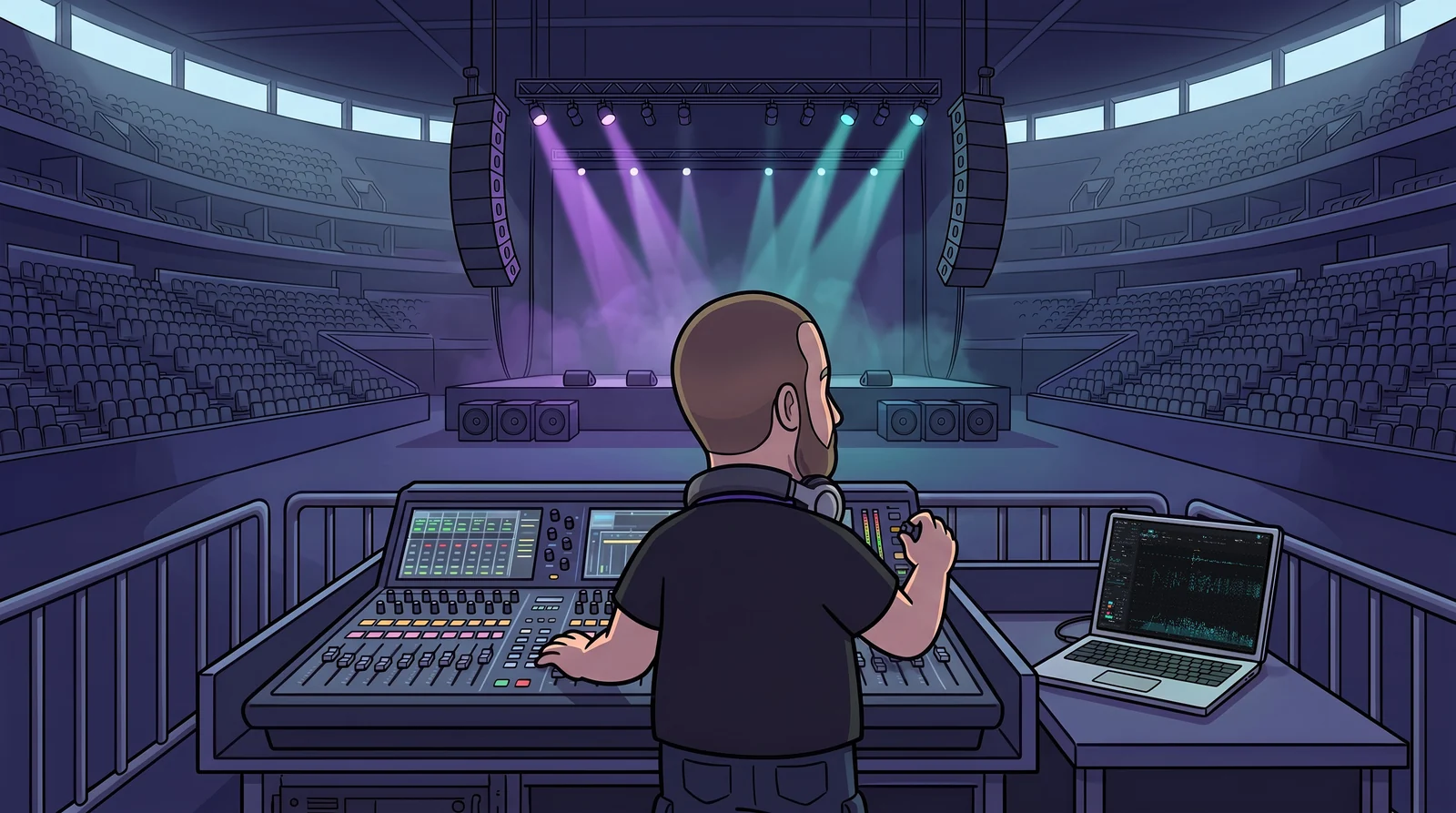 Illustration: Fader Fred at the front-of-house desk, one hand on the console, AcoustiTrack’s transfer function on the laptop.