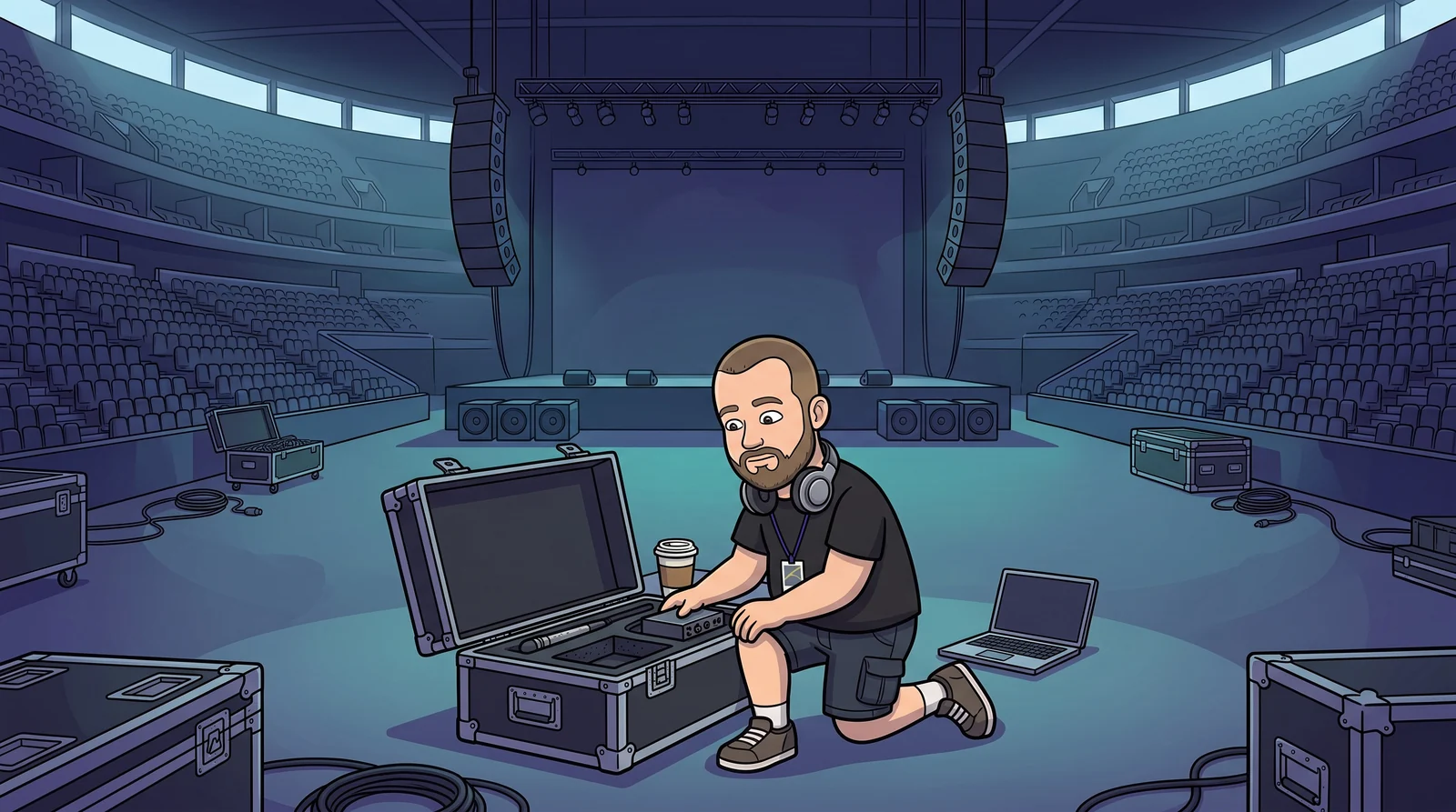 Illustration: Fader Fred kneeling by an open flight case on the empty arena floor, unpacking his gear.