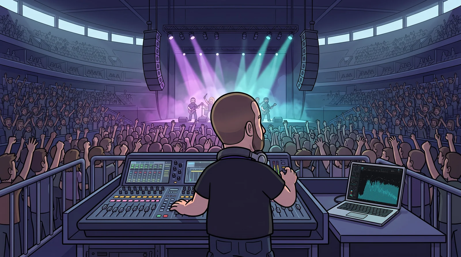 Illustration: Fader Fred at the front-of-house desk during a packed arena show, the band on stage, AcoustiTrack on the laptop beside him.