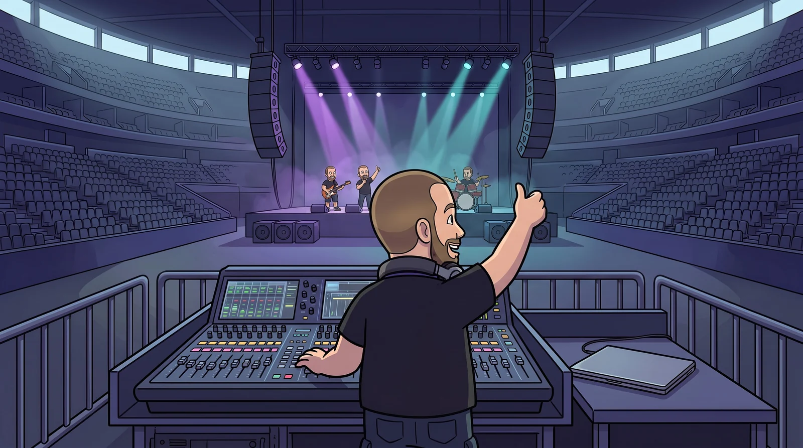 Illustration: Fader Fred at the front-of-house desk giving a thumbs up to the band during soundcheck.