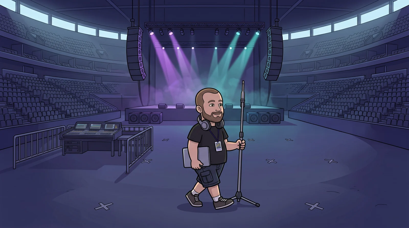Illustration: Fader Fred walking across the empty arena floor with a measurement microphone on a stand and a laptop under his arm.