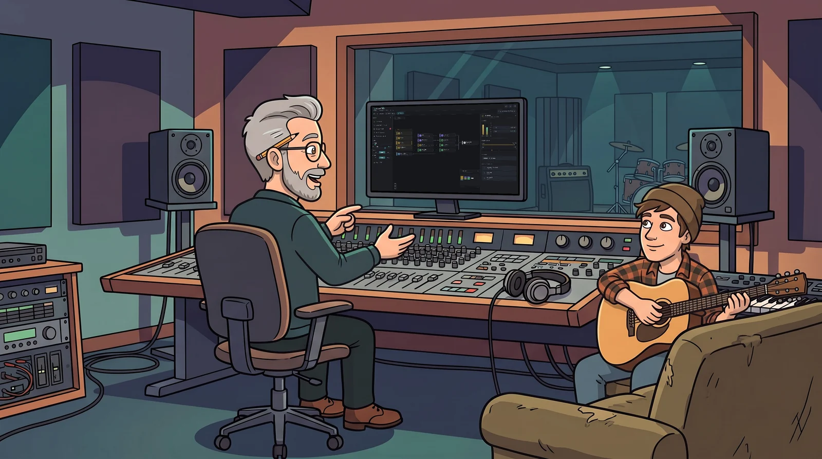 Illustration: Master Max turning in his chair to show an artist with a guitar the session map on the monitor.