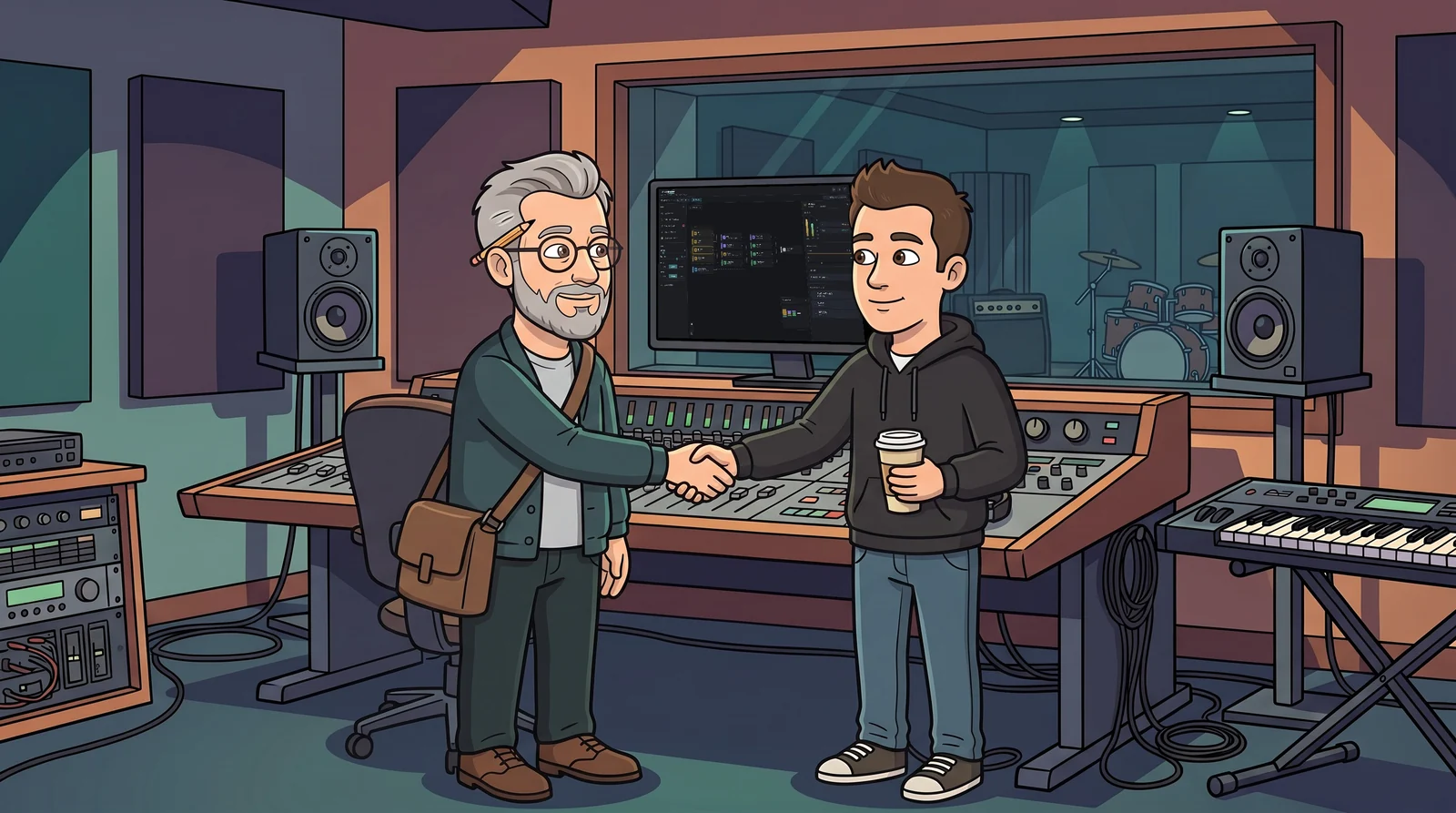 Illustration: Master Max shaking hands with the next engineer in the control room, SessionMap on the monitor behind them.