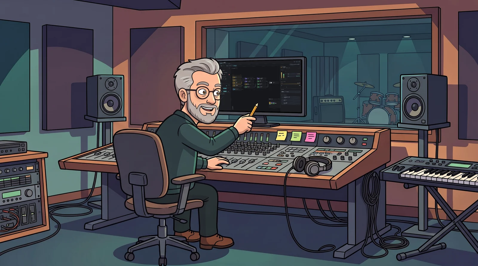 Illustration: Master Max pointing with a pencil at SessionMap’s map of a session on the studio monitor.