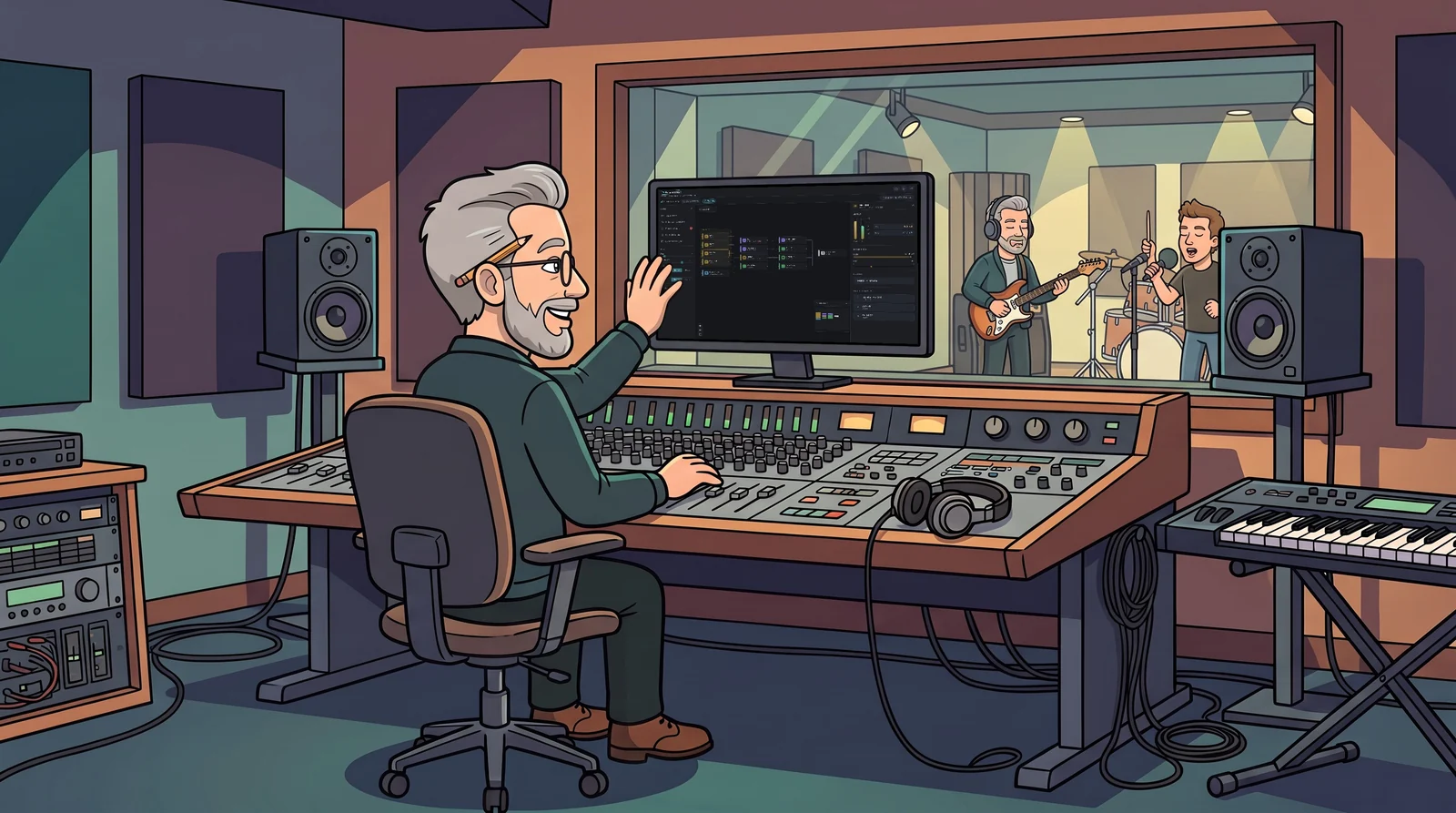 Illustration: Master Max at the console waving to a band recording behind the studio glass, SessionMap on the monitor.