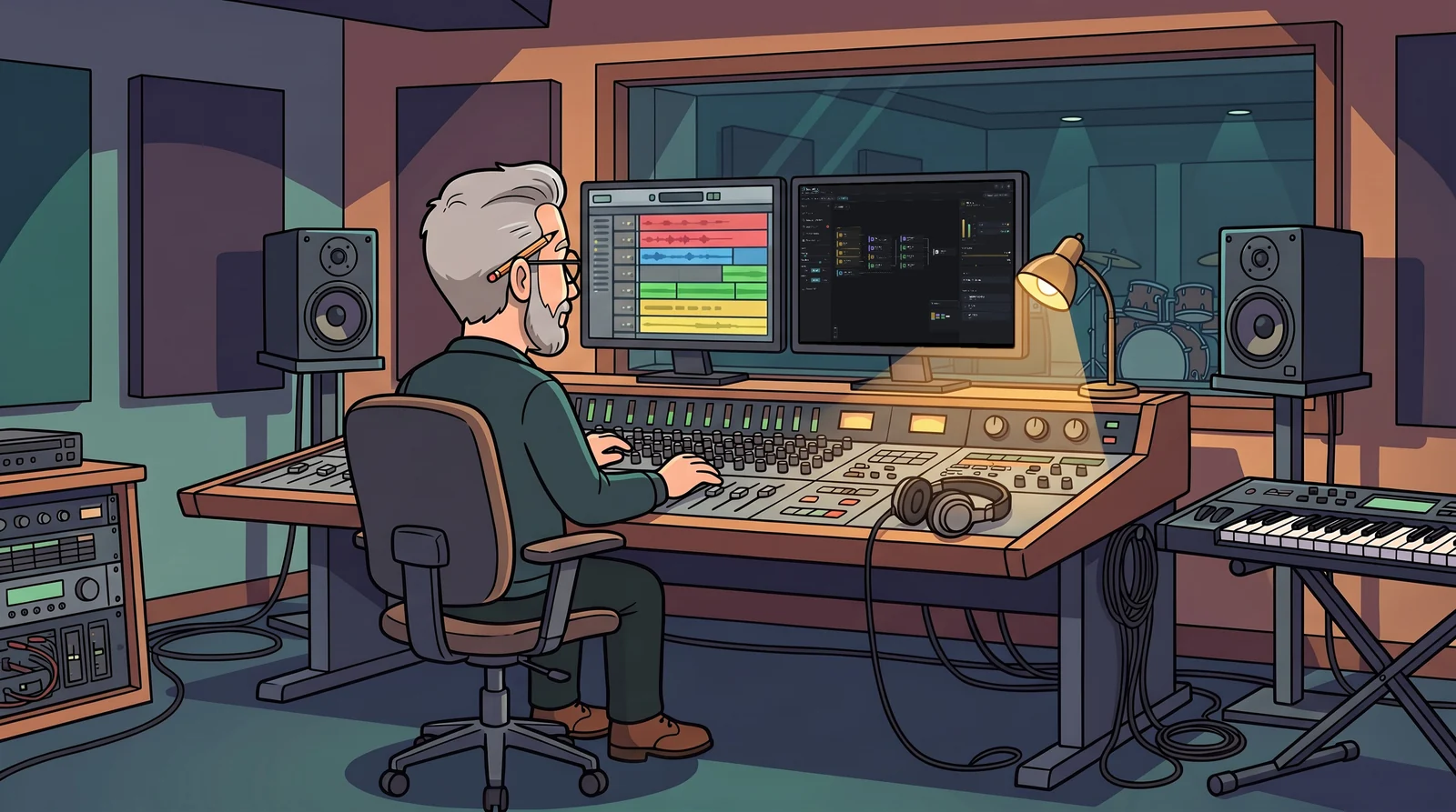Illustration: Master Max mixing at the studio console, the session on one monitor and SessionMap’s map on the other.