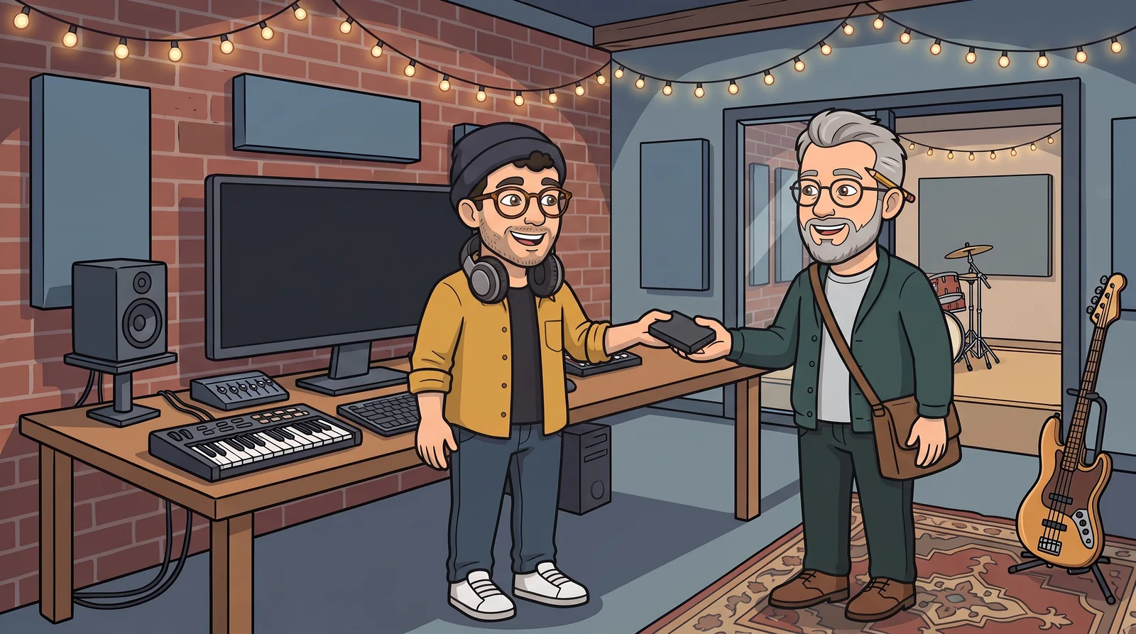 Illustration: Producer Pete handing a drive to Master Max in the loft studio.