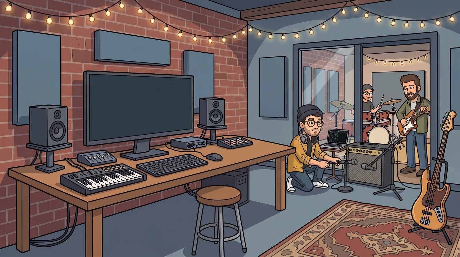 Illustration: Producer Pete kneeling by a guitar amplifier at the door to the live room, setting up two microphones in front of it, the band playing behind the glass.