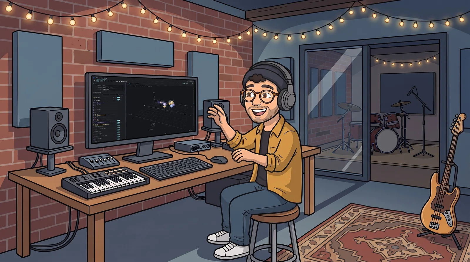 Illustration: Producer Pete at his desk with headphones on, TrackSpace’s stage on the monitor.