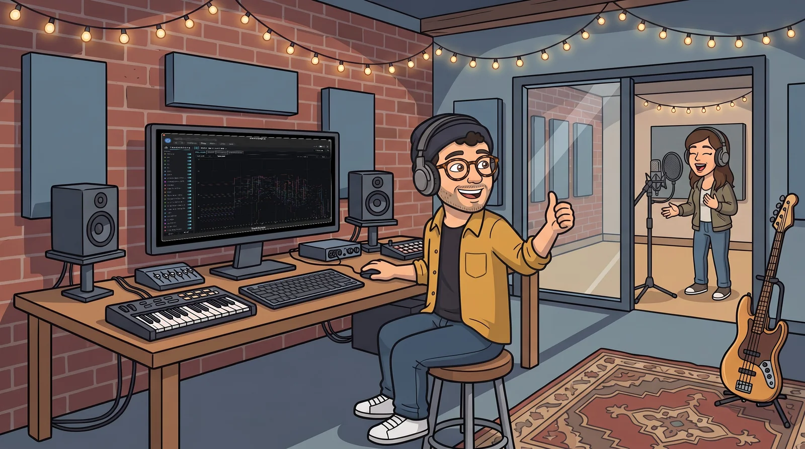 Illustration: Producer Pete at his desk giving a thumbs up to a singer behind the glass, TrackScope on the monitor.