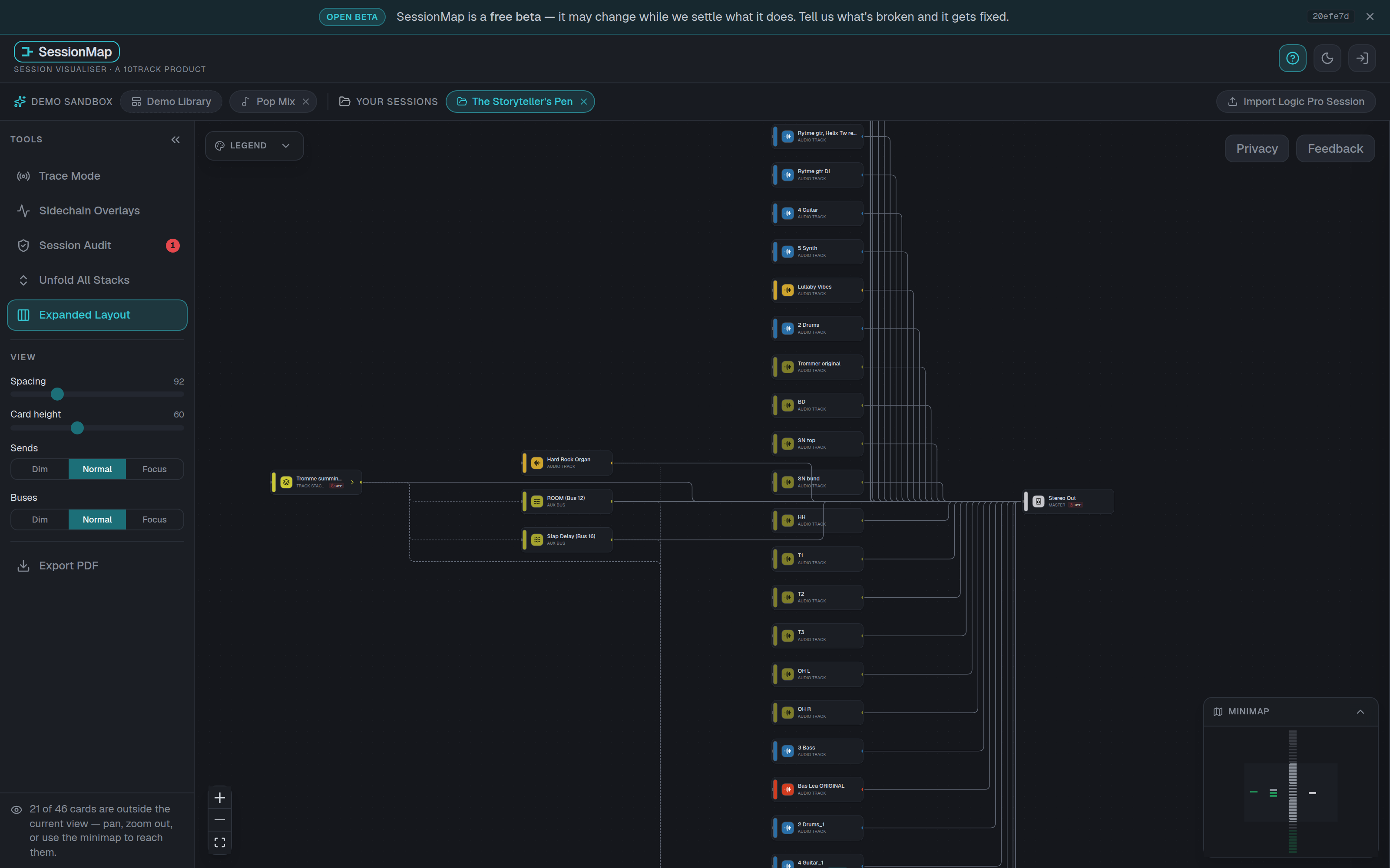 SessionMap showing a Logic Pro session as a map: audio tracks in a column on the right, each joined by a line to Stereo Out; on the left a track stack and two aux busses, ROOM (Bus 12) and Slap Delay (Bus 16), with sends drawn as dashed lines.