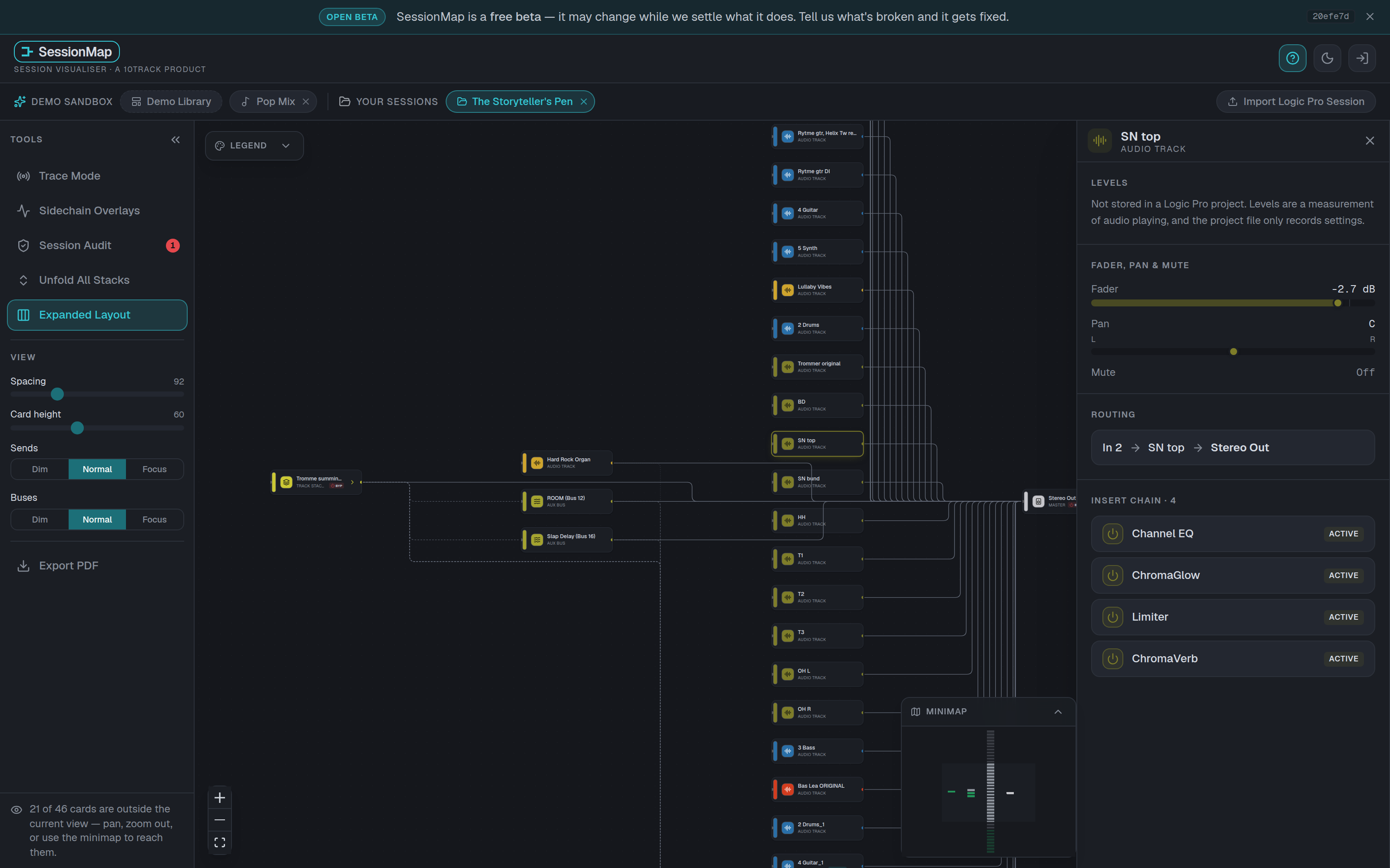 SessionMap with the audio track SN top selected. The side panel says levels are not stored in a Logic Pro project, and shows fader −2.7 dB, pan centre, mute off, routing In 2 → SN top → Stereo Out, and an insert chain of four plug-ins, each marked active.