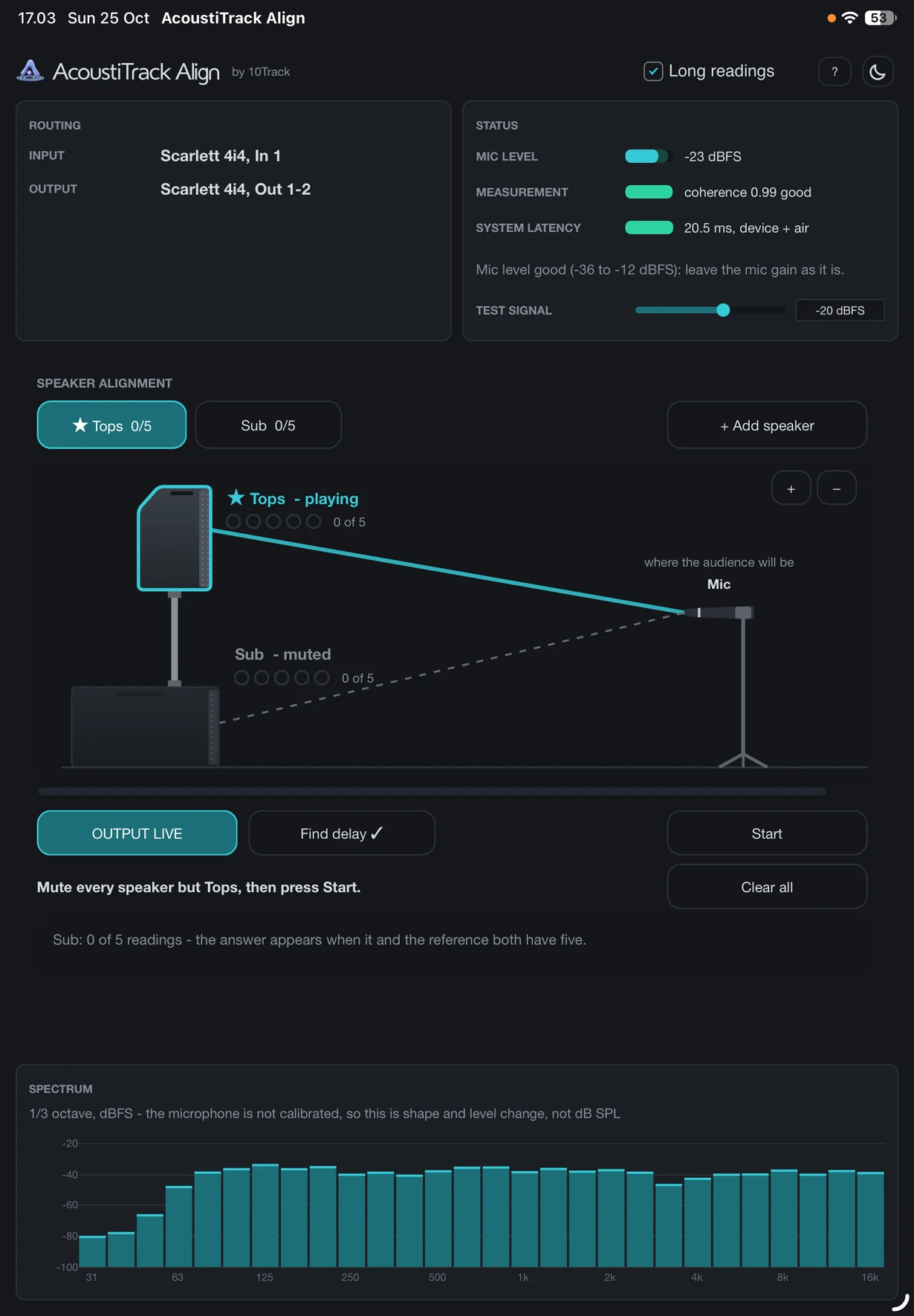 AcoustiTrack Mobile before a run: at the top the routing panel reads Input Scarlett 4i4, In 1 and Output Scarlett 4i4, Out 1-2, with the mic level, coherence 0.99 good and the system latency, 20.5 ms; the delay has been found and the app asks to mute every speaker but Tops, then press Start.