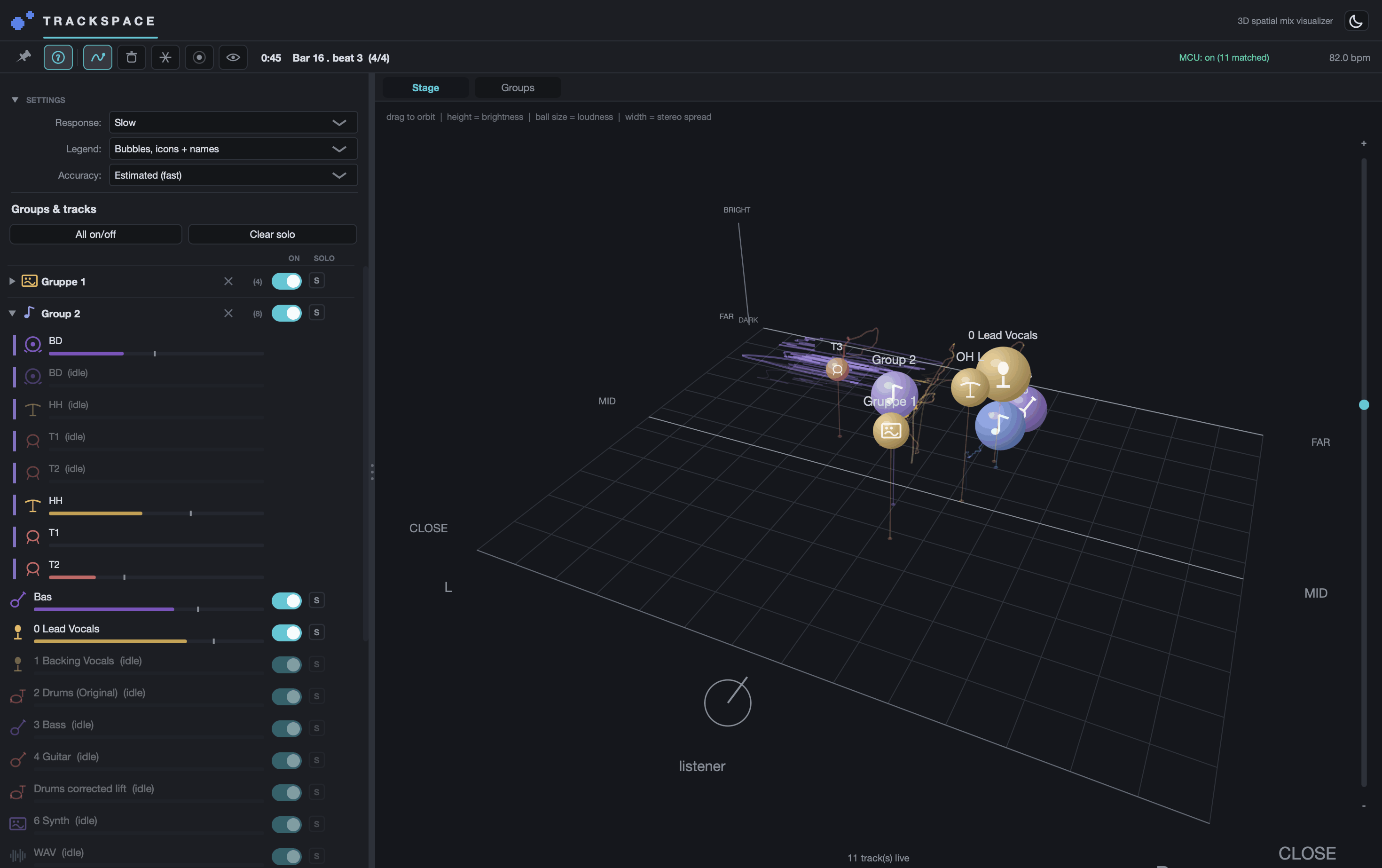 The TrackSpace Hub. A 3D stage seen from above and behind, with a listener marked at the near edge and axes labelled close, far, left, right, bright and dark. Coloured spheres carrying instrument icons sit out on the floor — a lead vocal, overheads, two collapsed groups — each trailing a thin line down to the surface. A sidebar lists the session's tracks and groups, and the header reports the Logic Pro control link as on with eleven channels matched.